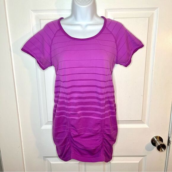 Athleta Fastest Track Ruched Stripe Tshirt Short Sleeve Pinkish Purple M - Picture 4 of 10